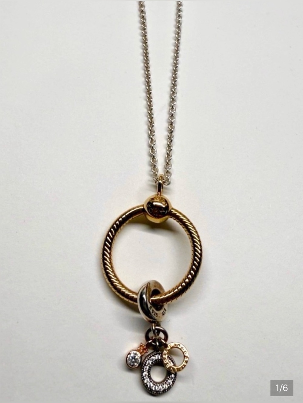 Pandora Shine O Pendant Necklace 24” Mixed Metal CZ Charms